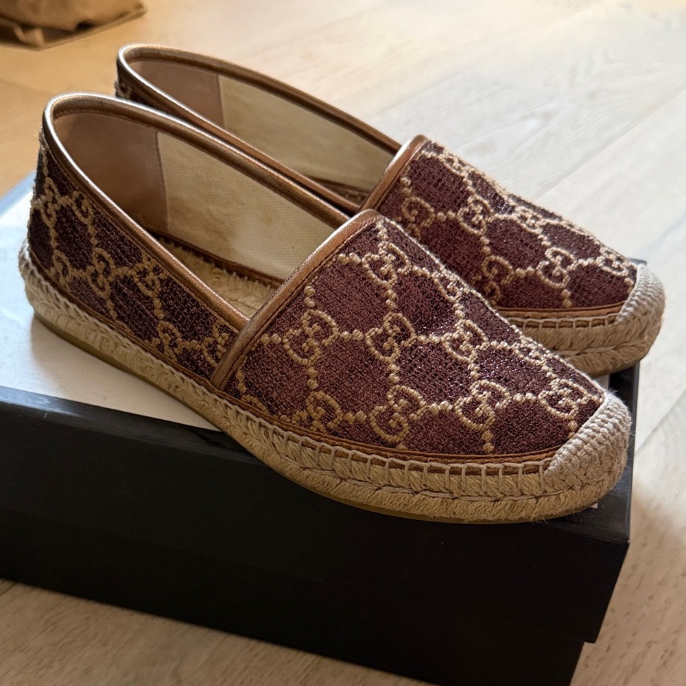 Gucci Rose Gold and Gold Espadrille Loafers